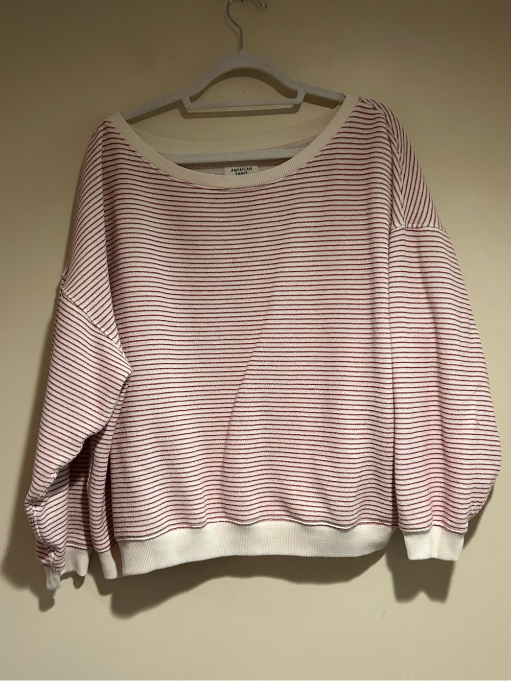 American Eagle Cream and Red Stripe Sweatshirt Sz Med
